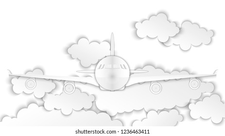 Airplane against the blue sky and clouds. White aviation background. 3d vector illustration. Paper cut out style.