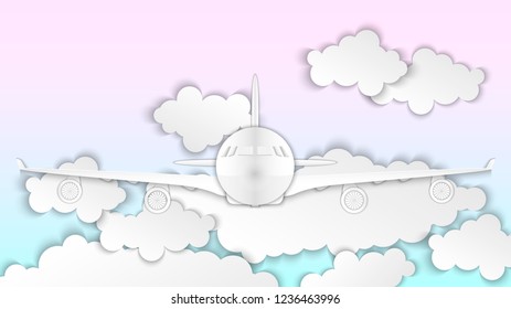 Airplane against the blue sky and clouds. Aviation background. 3d vector illustration. Paper cut out style.