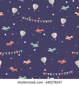 Airplane and air balloon seamless pattern. Vector illustration.