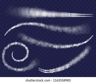 Airplane air jet trail vector illustration of aircraft condensation trace in sky. Isolated white realistic contrails line swirl clouds from rocket or spaceship launch