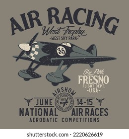 Airplane air racing flight department aerobatic competition vintage vector artwork for boy kid t shirt grunge effect in separate layer