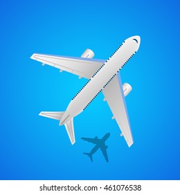 Airplane in the air with shadow. Airplane top view isolated on blue background. Vector illustration.