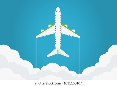 Airplane in the air top view. Flies in the blue sky among the clouds. Airplane view from above isolated. Simple template or banner design with place for text. Flat style realistic vector illustration.