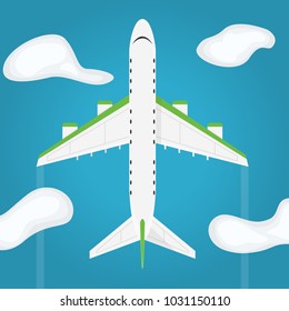 Airplane in the air top view. Flies in the blue sky among the clouds. Airplane view from above isolated. Simple template or banner design with place for text. Flat style realistic vector illustration.