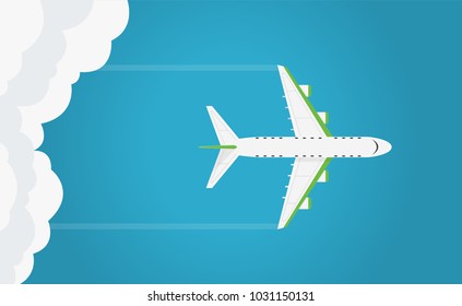 Airplane in the air top view. Flies in the blue sky among the clouds. Airplane view from above isolated. Simple template or banner design with place for text. Flat style realistic vector illustration.