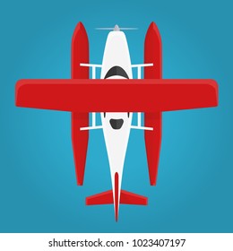 Airplane in the air top view. Flying an airplane with a shadows. Hydroplane view from above isolated from the background. Simple design. Flat style realistic vector illustration.