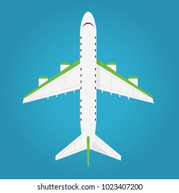 Airplane in the air top view. Flying an airplane with a shadows. Airplane view from above isolated from the background. Simple design. Flat style realistic vector illustration.