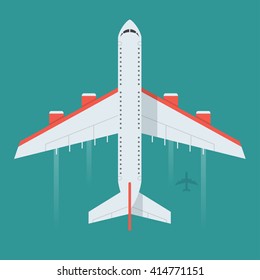 Airplane in the air vector illustration. Flying an airplane with a shadow underneath. 