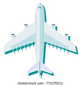 Airplane in the air vector illustration. Flying an airplane with a shadow underneath. Airplane view from above isolated from the background.