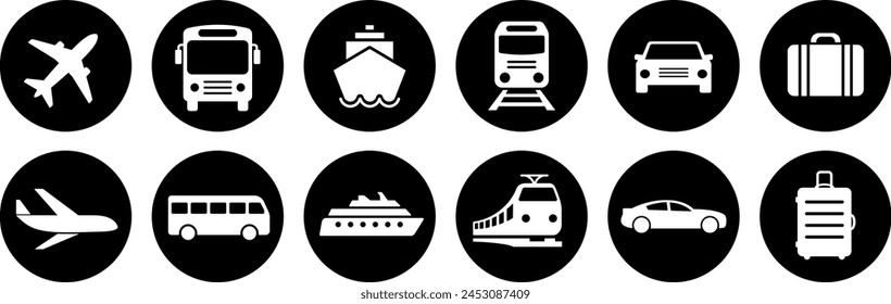 Airplane, aircraft, bus, ship, train and car icons as symbols of journey transport