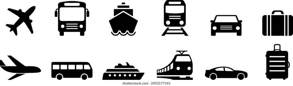 Airplane, aircraft, bus, ship, train and car flat icons as symbols of journey transport