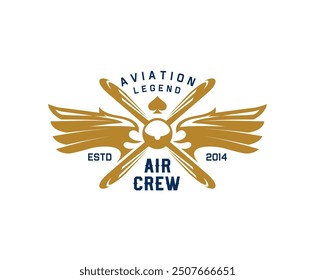 Icono de avión o aeronave para academia de aviación o escuela de aviadores, emblema de Vector. Avión de hélice retro con alas de pájaro águila para exhibición aérea o transporte de aviación y placa de la tripulación de piloto de avión aéreo