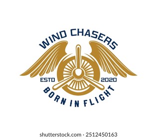 Airplane and aircraft icon or aviation badge for pilot or aviator, vector emblem. Airplane propeller with eagle bird wings, wind chasers born in flight quote for t-shirt print, air or aviation academy