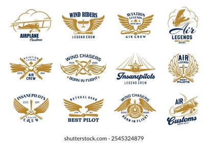 Iconos de aviones y aviones. Avión personalizado retro, jinetes de viento, pilotos legendarios e insignias de Vector de aviación. Aviones biplanos Antiguas, hélices y alas, nubes y aviones aislados símbolos de viaje aéreo