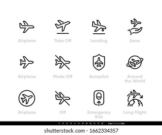 Airplane, Aircraft, Plane, Autopilot, Long Flight vector icon editable line set