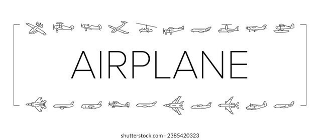 airplane aircraft plane travel icons set vector. flight transport, transportation air, fly sky, jet business, aviation tourism airplane aircraft plane travel black contour illustrations