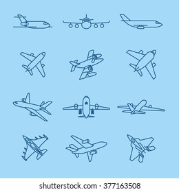 Airplane and aircraft thin line dark blue icons on blue background. Vector illustration