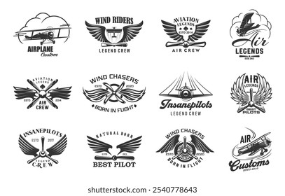 Iconos vectoriales de aviones y aviones de biplanos, hélices y alas retro. Aviones personalizados de Antiguas, jinetes de viento, pilotos legendarios e insignias de aviación establecidos para viajes aéreos, escuela de pilotos y espectáculo de aeronaves