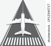 Airplane and airport elements in top view. Vector illustration of an airplane on a runway. Travel concept in flat style.