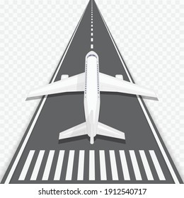 Airplane and airport elements in top view. Vector illustration of an airplane on a runway. Travel concept in flat style.