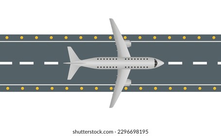 Airplane and airport elements in top view. Airplane on a runway. Travel concept in flat style. Vector illustration