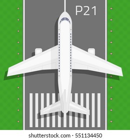 Airplane and airport elements in top view. Vector illustration of an airplane on a runway. Travel concept in flat style.