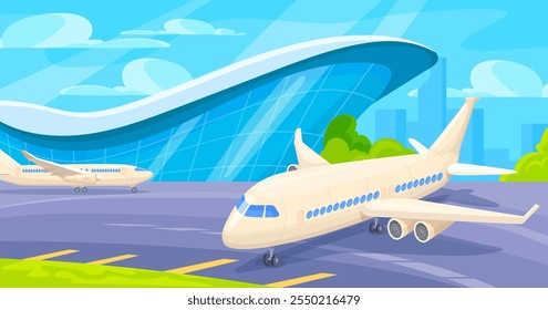 Airplane at airport landscape. Passenger aircraft arrival on runway or preparing takeoff outdoor city airline terminal building, plane flight departure neat vector illustration original artwork