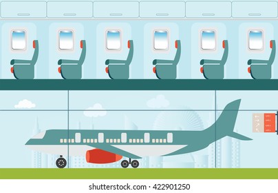 Airplane at the airport, on city view background and Airline interior with plane seat, business travel vector illustration.