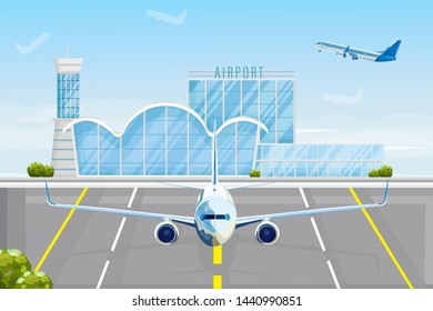 Airplane at the airport Vector flat style. Front view plane next to the airport facade. Travel concept template banner advertise