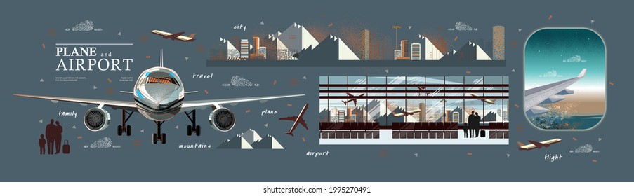 Airplane and airport. Vector illustration of a porthole with an airplane wing, flight and terminal interior with traveling people