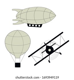 Airplane, airship and balloon, flying vehicles on a white background