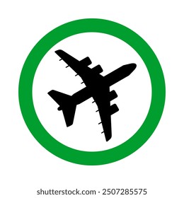 airplane allowed, plane silhouette in green circle pictogram, round vector icon