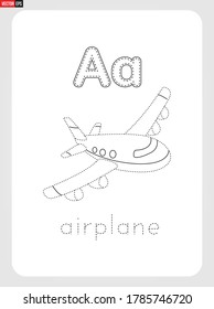 A for Airplane Alphabet  with illustration for Tracing Worksheet, Exercises for kids 