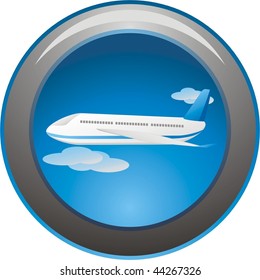 Airplane among clouds. Button. Vector