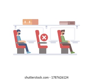 Airplane applying social distancing protocol by emptying a chair between passenger vector illustration
