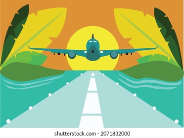 Airplane approaching or flying on a runway with beautiful tropical island background and sunset. Editable Clip Art.