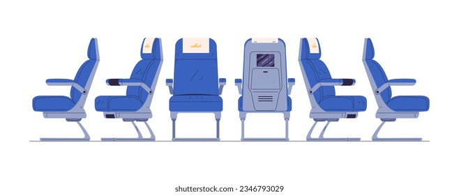 Airplane armchairs. Aircraft seats for safety flight and comfort travel inside plane of economy business class interior, isolated chair aeroplane space, classy vector illustration of aircraft seat