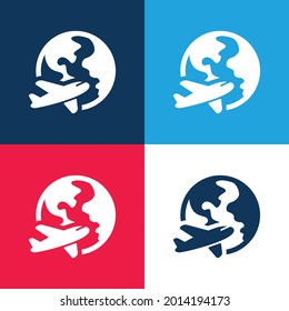 Airplane Around Earth blue and red four color minimal icon set