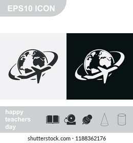Airplane around Earth map flat black and white vector icon.