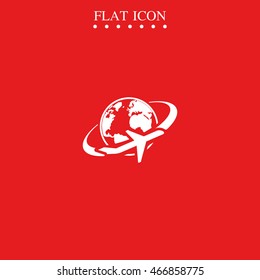 Airplane around Earth map icon.