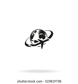 Airplane around Earth map icon.