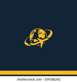 Airplane around Earth map icon.