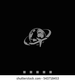 Airplane around Earth map icon.
