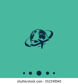 Airplane around Earth map icon.