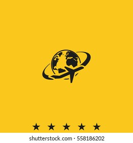 Airplane around Earth map icon.