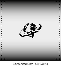 Airplane around Earth map icon.