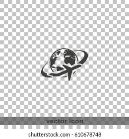 Airplane around Earth map icon.