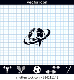 Airplane around Earth map icon.