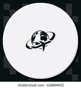 Airplane around Earth map icon.