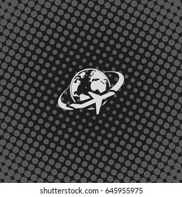 Airplane around Earth map icon.